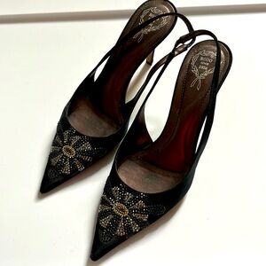 Rodo Black Satin Embellished Evening Pumps. Size 38